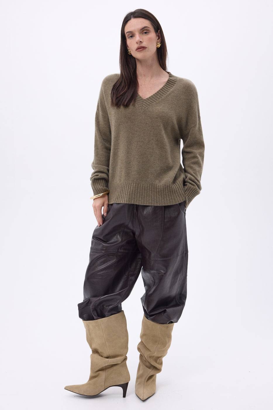 Pull Oversize Col V Gros Rib Blind - Khaki Chine - Femme - 100% Cachemire