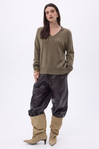 Pull Oversize Col V Gros Rib Blind - Khaki Chine - Femme - 100% Cachemire