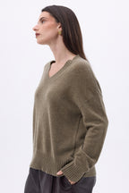 Pull Oversize Col V Gros Rib Blind - Khaki Chine - Femme - 100% Cachemire