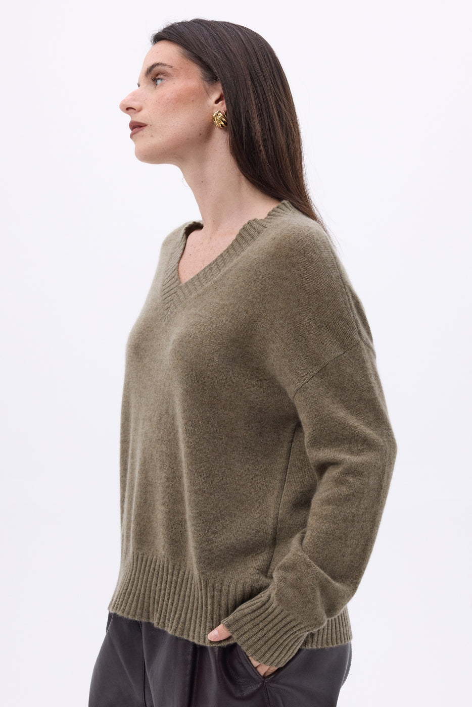 Pull Oversize Col V Gros Rib Blind - Khaki Chine - Femme - 100% Cachemire