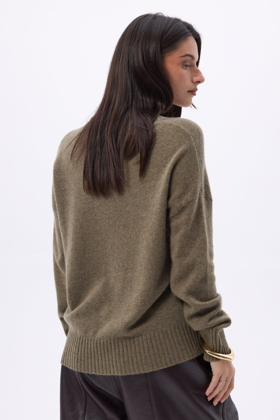 Pull Oversize Col V Gros Rib Blind - Khaki Chine - Femme - 100% Cachemire
