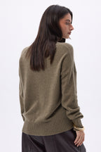 Pull Oversize Col V Gros Rib Blind - Khaki Chine - Femme - 100% Cachemire
