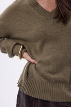 Pull Oversize Col V Gros Rib Blind - Khaki Chine - Femme - 100% Cachemire