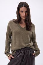 Pull Oversize Col V Gros Rib Blind - Khaki Chine - Femme - 100% Cachemire