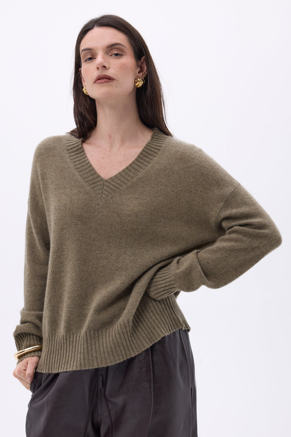 Pull Oversize Col V Gros Rib Blind - Khaki Chine - Femme - 100% Cachemire