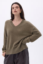 Pull Oversize Col V Gros Rib Blind - Khaki Chine - Femme - 100% Cachemire