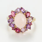Ring "Ayseld0.022/2 Am0.42/3 Pam0.78/4 Rho0.18/3 Rose Quartz 3.20/1 Ptour0.58/3 - 375/1000 Yellow Gold