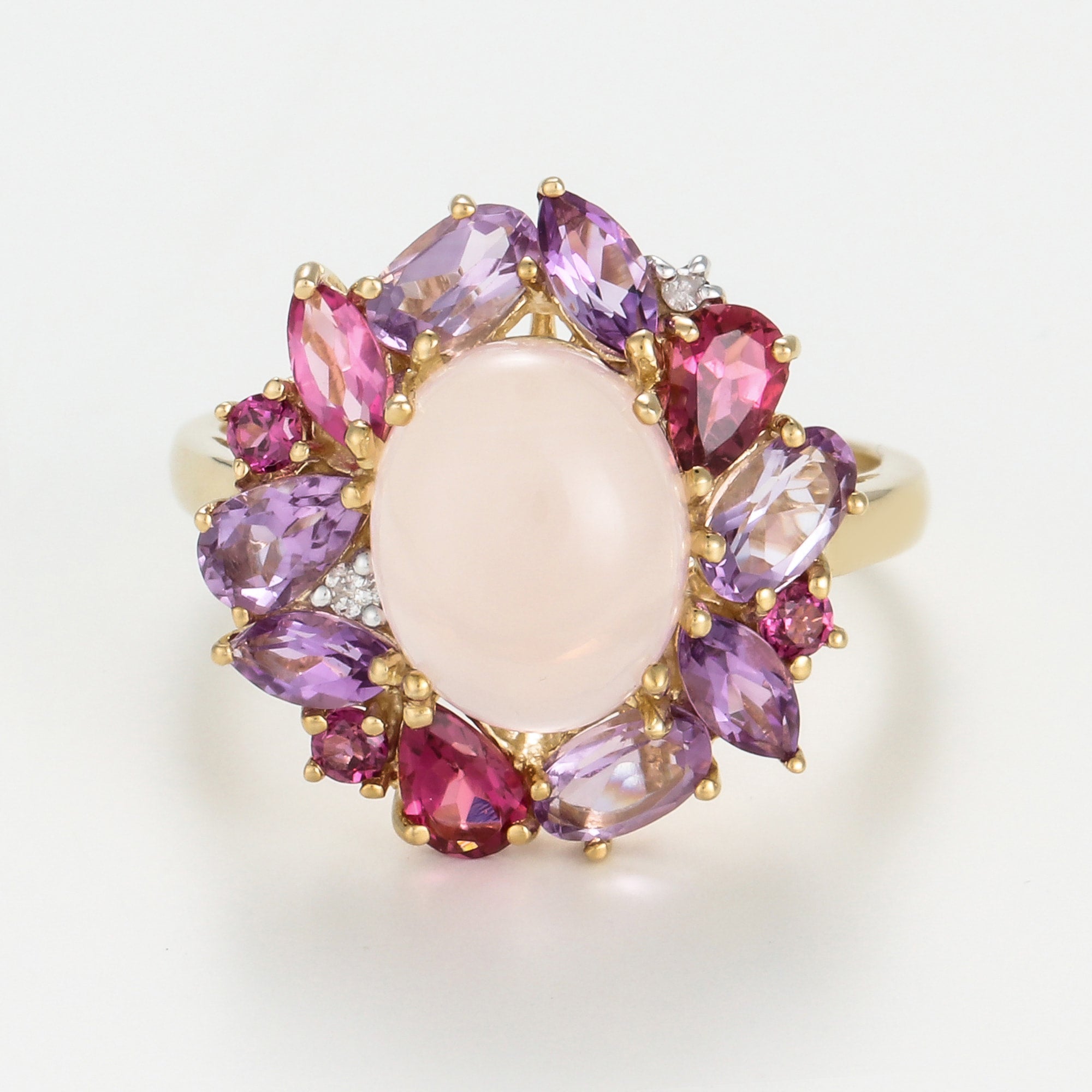 Ring "Ayseld0.022/2 Am0.42/3 Pam0.78/4 Rho0.18/3 Rose Quartz 3.20/1 Ptour0.58/3 - 375/1000 Yellow Gold
