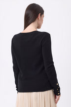 Jersey de cuello redondo con botones dorados y mangas globo Bold - Negro - Mujer