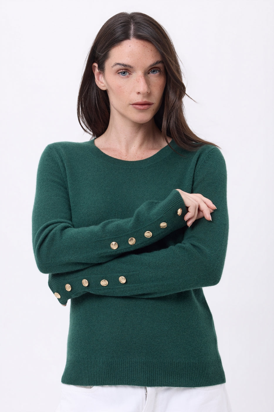Bold Balloon Sleeve Gold Button Crew Neck Jumper - Bottle Green - Women