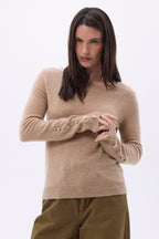 Pull Col Rond Boutons Dorés Manches Ballon Bold - Beige Creme - Femme - 100% Cachemire