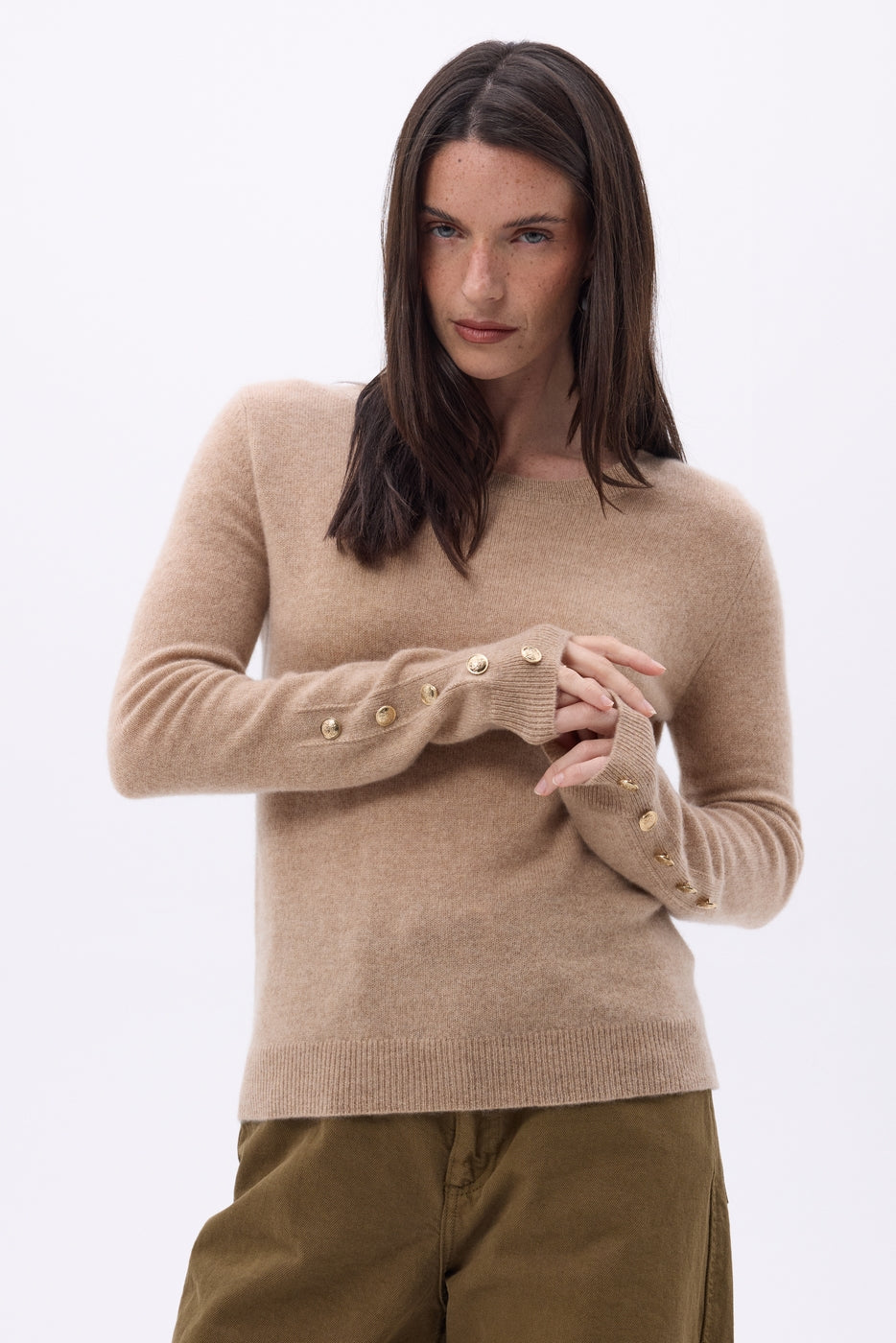 Pull Col Rond Boutons Dorés Manches Ballon Bold - Beige Creme - Femme - 100% Cachemire