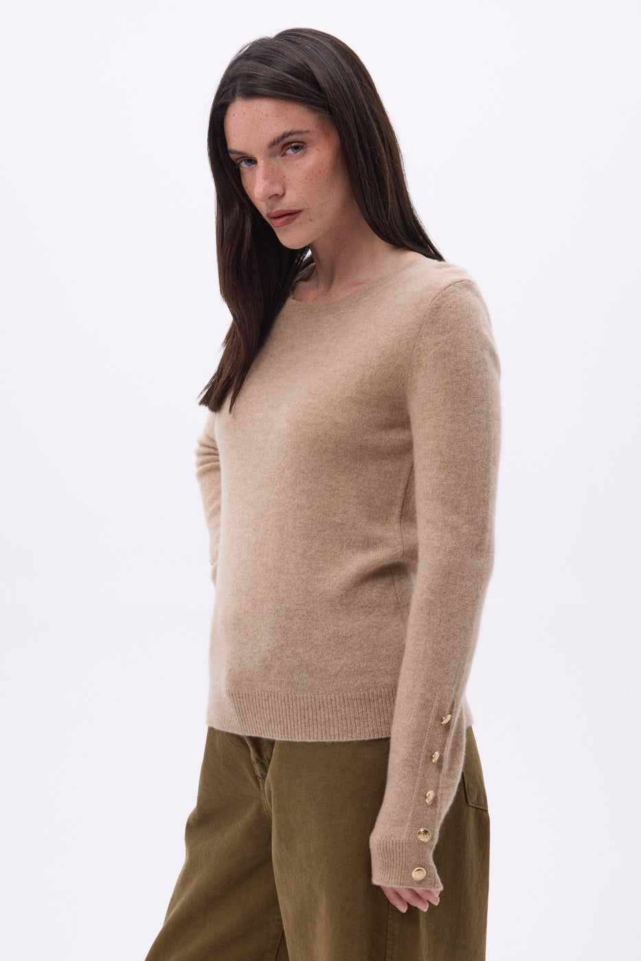 Pull Col Rond Boutons Dorés Manches Ballon Bold - Beige Creme - Femme - 100% Cachemire