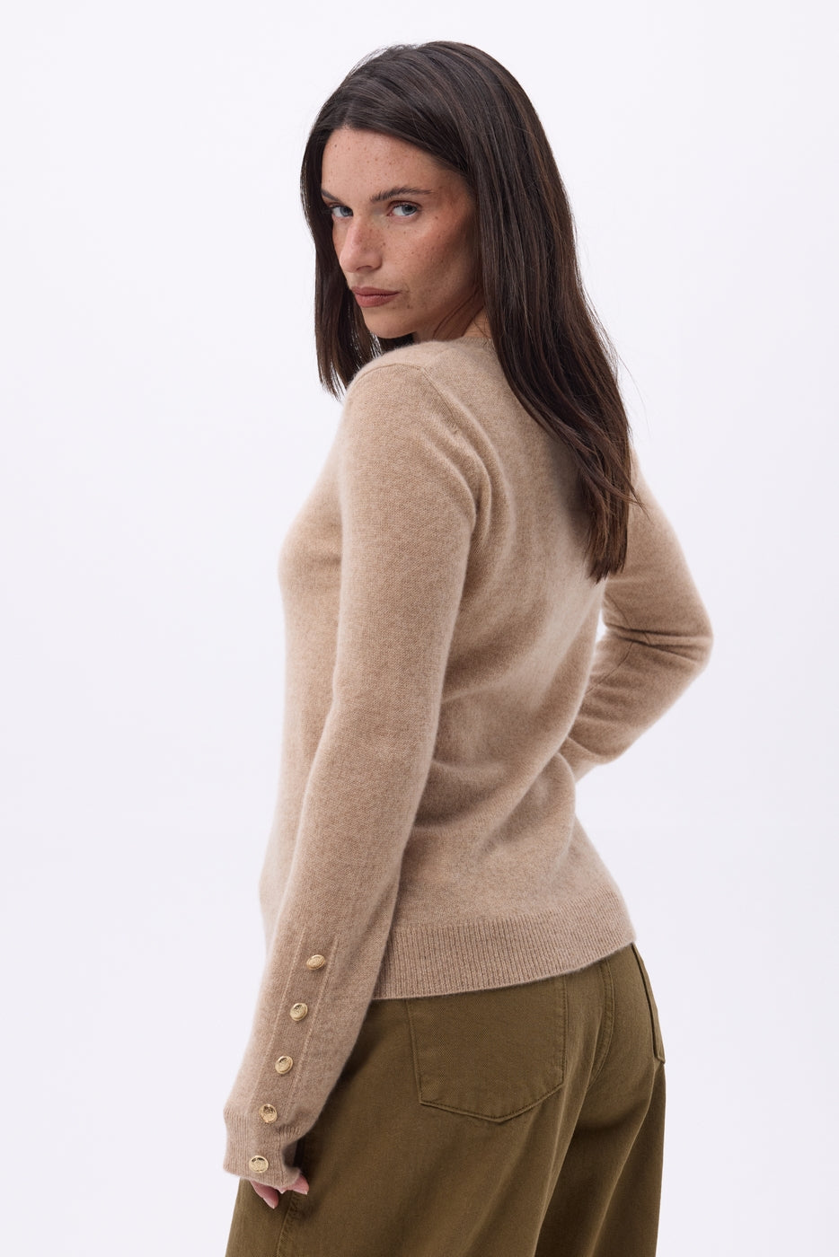 Pull Col Rond Boutons Dorés Manches Ballon Bold - Beige Creme - Femme - 100% Cachemire