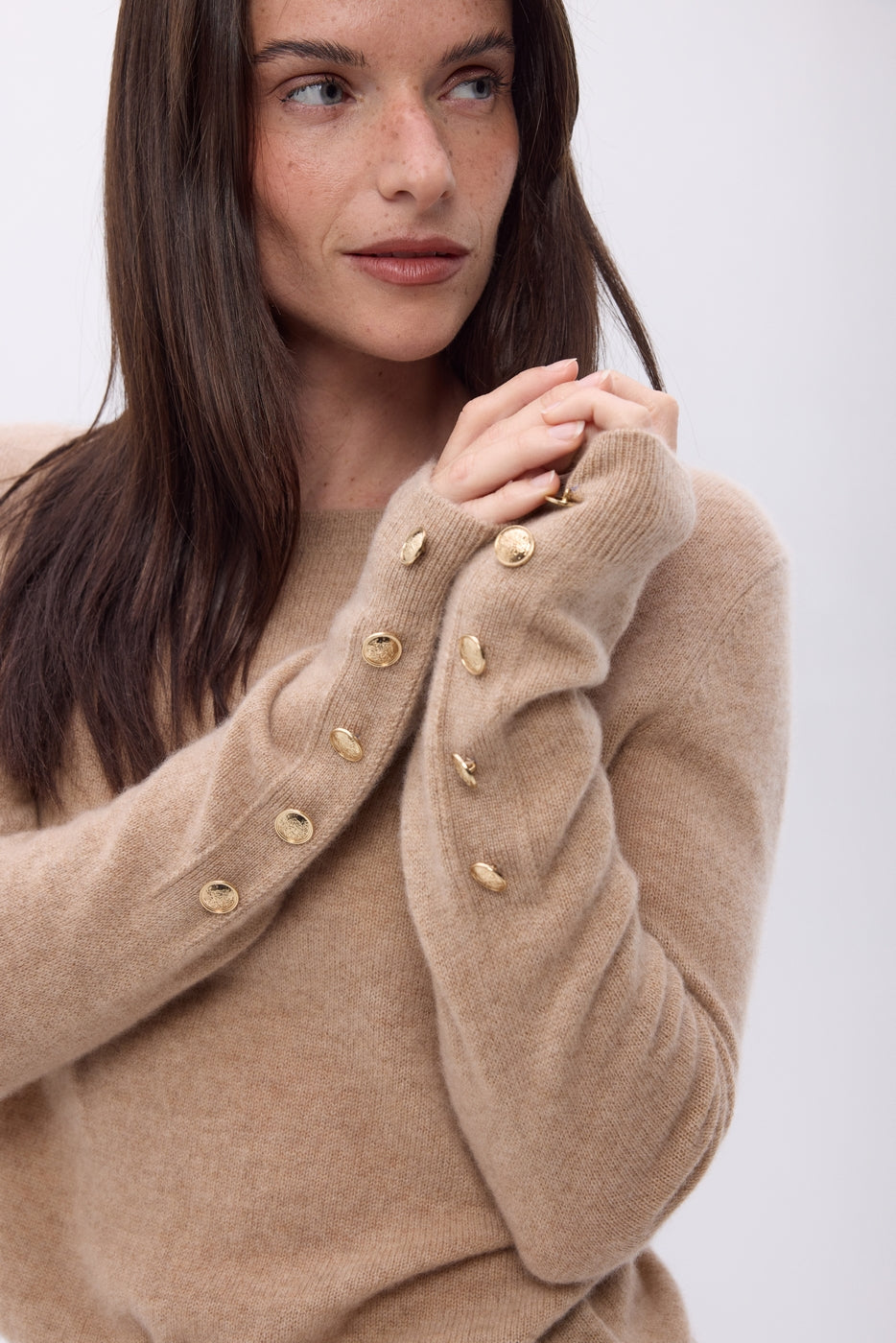 Pull Col Rond Boutons Dorés Manches Ballon Bold - Beige Creme - Femme - 100% Cachemire