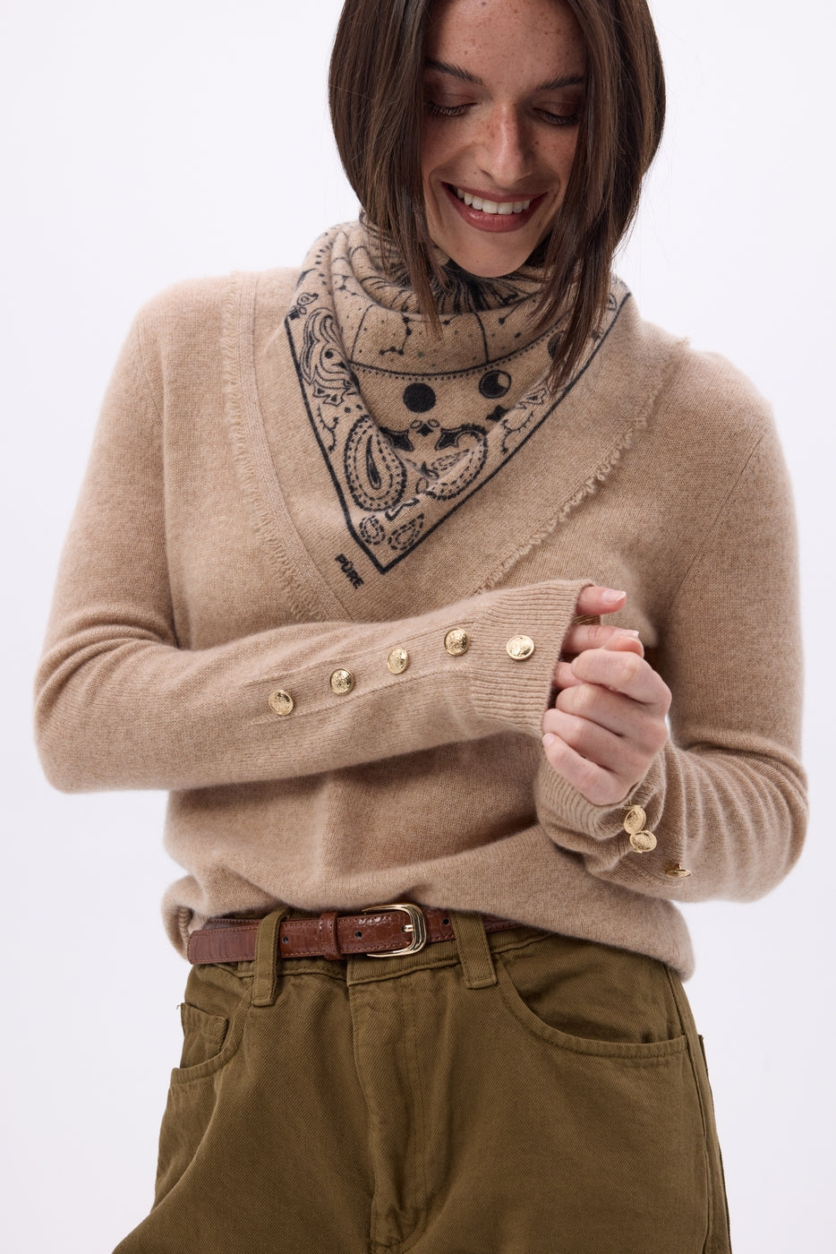 Pull Col Rond Boutons Dorés Manches Ballon Bold - Beige Creme - Femme - 100% Cachemire