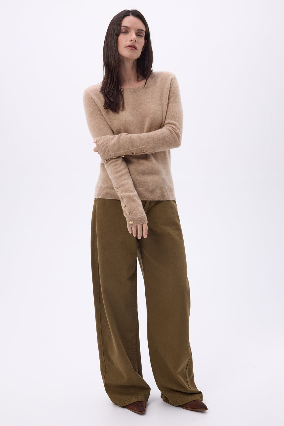 Pull Col Rond Boutons Dorés Manches Ballon Bold - Beige Creme - Femme - 100% Cachemire