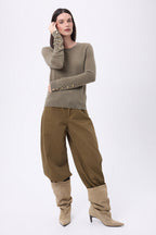 Round Neck Jumper with Golden Buttons and Balloon Sleeves Bold - Mottled Khaki - Women