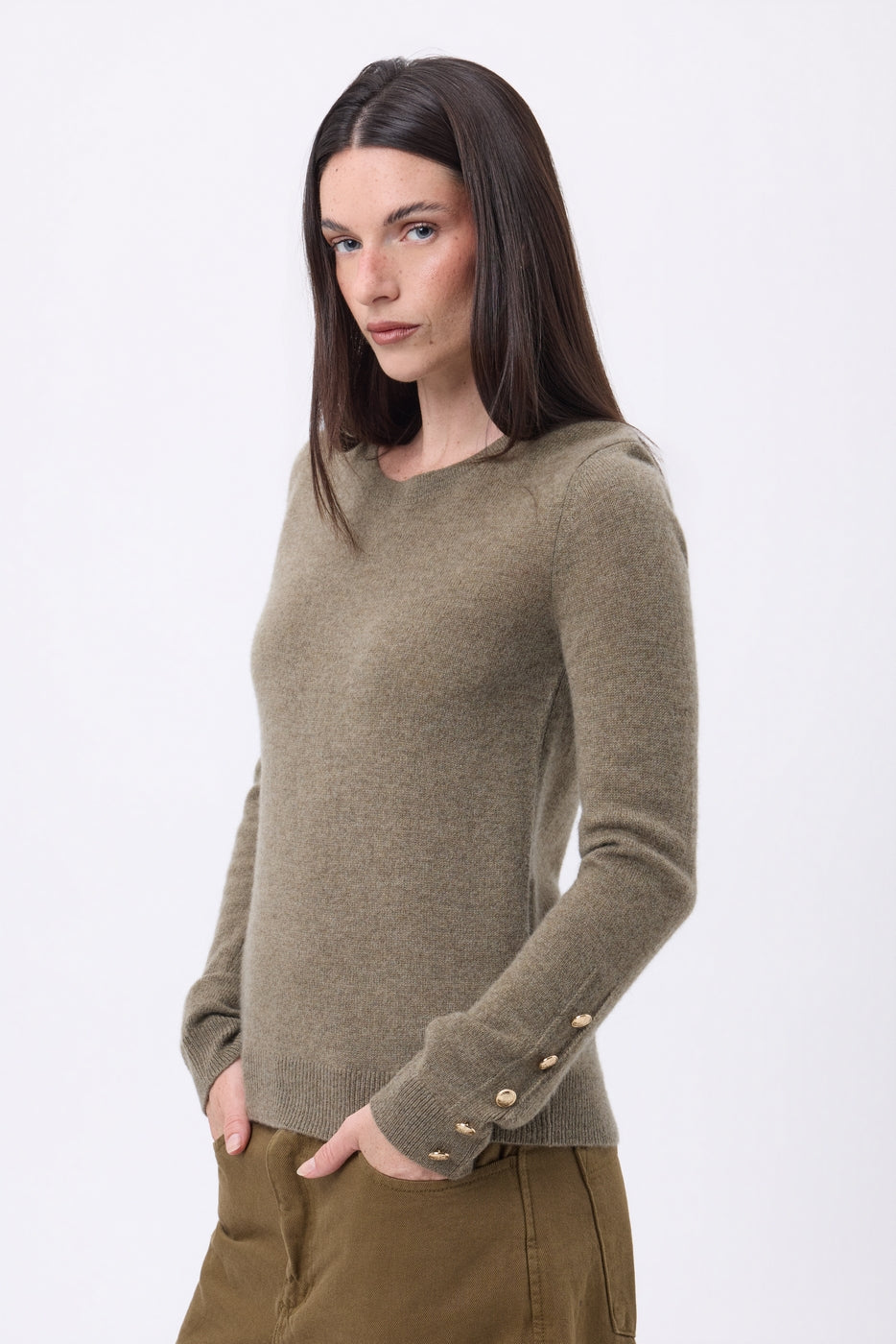 Round Neck Jumper with Golden Buttons and Balloon Sleeves Bold - Mottled Khaki - Women
