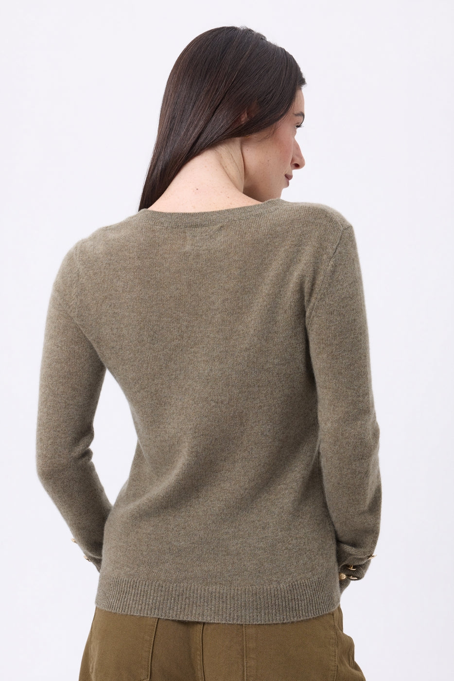 Round Neck Jumper with Golden Buttons and Balloon Sleeves Bold - Mottled Khaki - Women