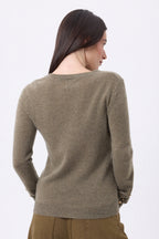 Round Neck Jumper with Golden Buttons and Balloon Sleeves Bold - Mottled Khaki - Women