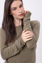 Round Neck Jumper with Golden Buttons and Balloon Sleeves Bold - Mottled Khaki - Women