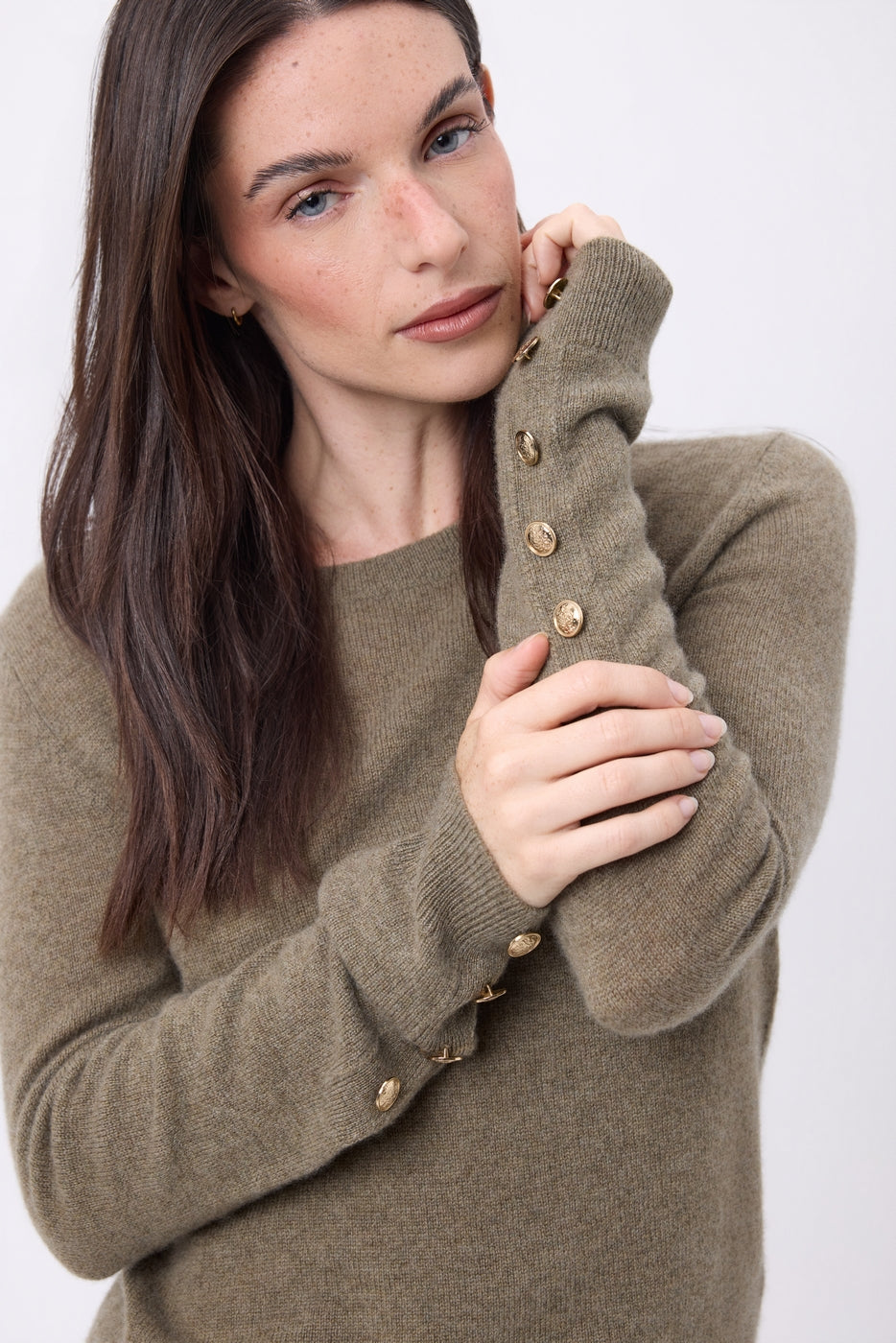 Round Neck Jumper with Golden Buttons and Balloon Sleeves Bold - Mottled Khaki - Women