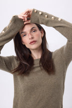 Round Neck Jumper with Golden Buttons and Balloon Sleeves Bold - Mottled Khaki - Women