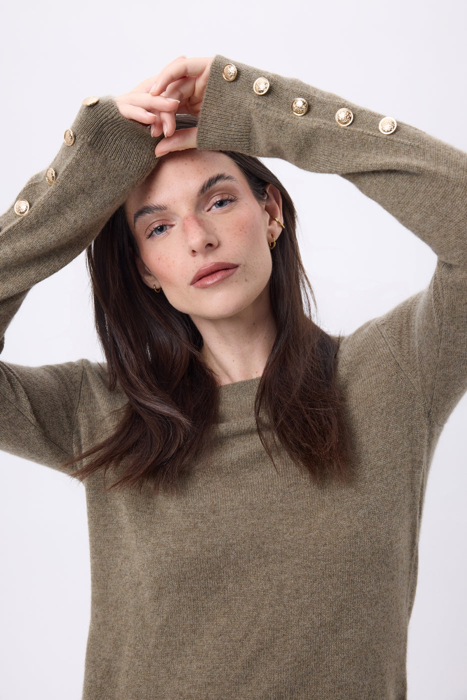 Round Neck Jumper with Golden Buttons and Balloon Sleeves Bold - Mottled Khaki - Women