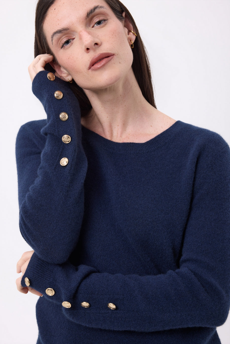 Pull Col Rond Boutons Dorés Manches Ballon Bold - Bleu Marine - Femme - 100% Cachemire