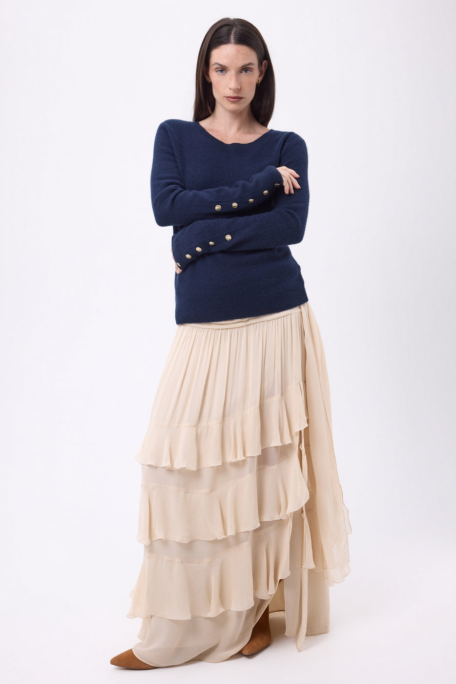 Pull Col Rond Boutons Dorés Manches Ballon Bold - Bleu Marine - Femme - 100% Cachemire
