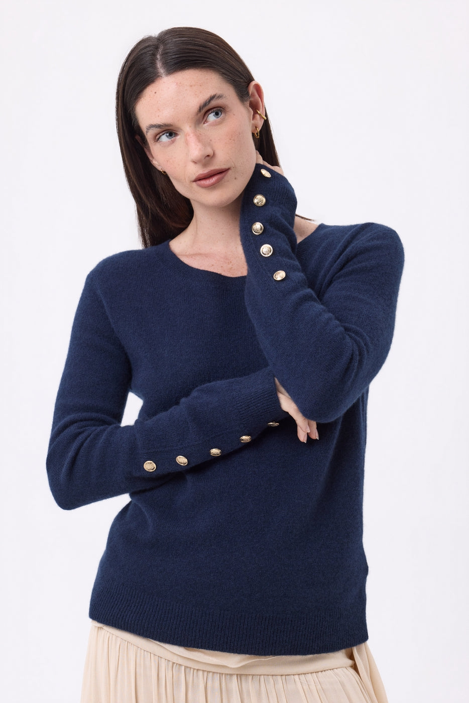 Pull Col Rond Boutons Dorés Manches Ballon Bold - Bleu Marine - Femme - 100% Cachemire