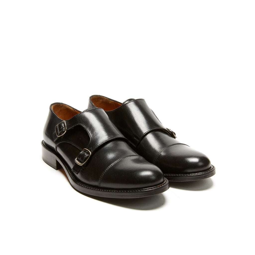 Straight-Toe Monk Strap Shoes - Black - Women