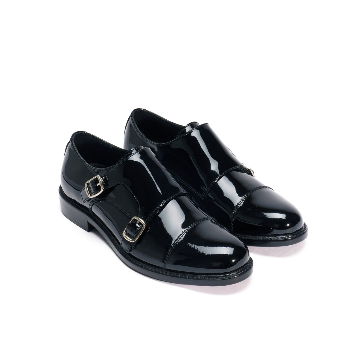 Cap-Toe Monk Straps - Black Patent - Women's