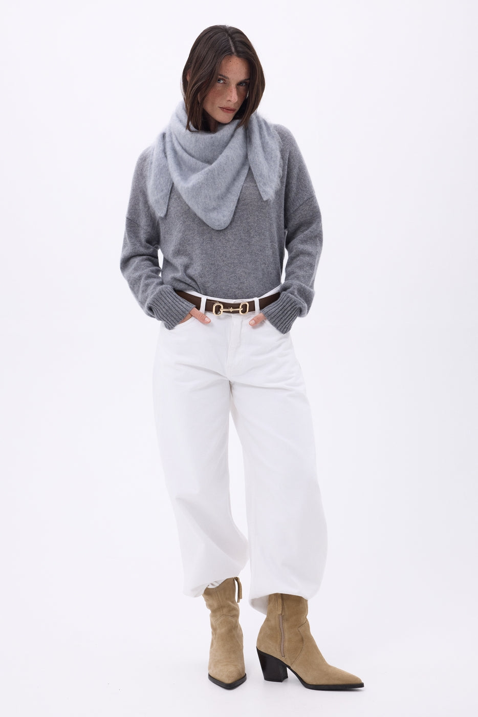 Bandana Triangle Oversize – Cachemire Brossé Brea - Gris Clair - Femme - 100% Cachemire Brosse