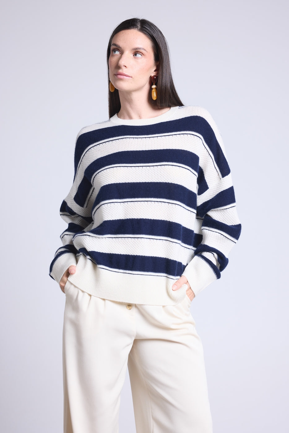 Bridget Textured Striped Crew-Neck Jumper - Navy And White - Women
