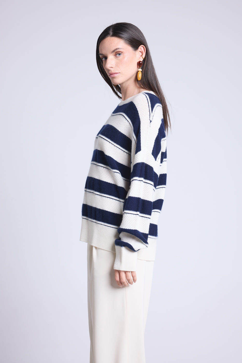 Bridget Textured Striped Crew-Neck Jumper - Navy And White - Women