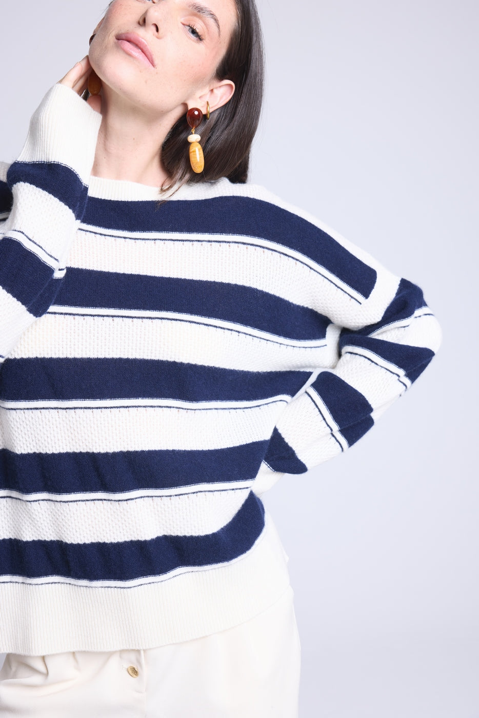 Bridget Textured Striped Crew-Neck Jumper - Navy And White - Women