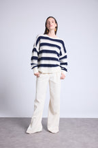 Bridget Textured Striped Crew-Neck Jumper - Navy And White - Women