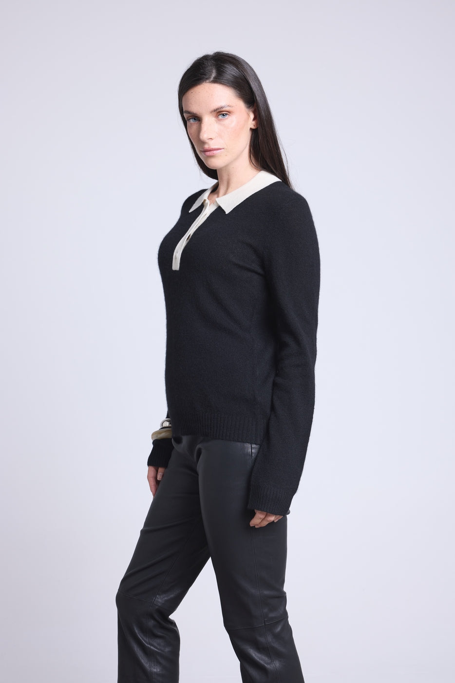 Jersey de cuello polo con botones Brume - Negro blanco - Mujer