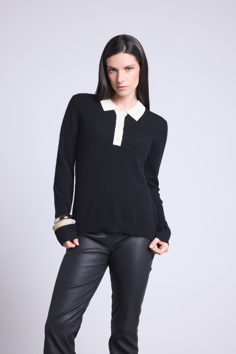 Jersey de cuello polo con botones Brume - Negro blanco - Mujer