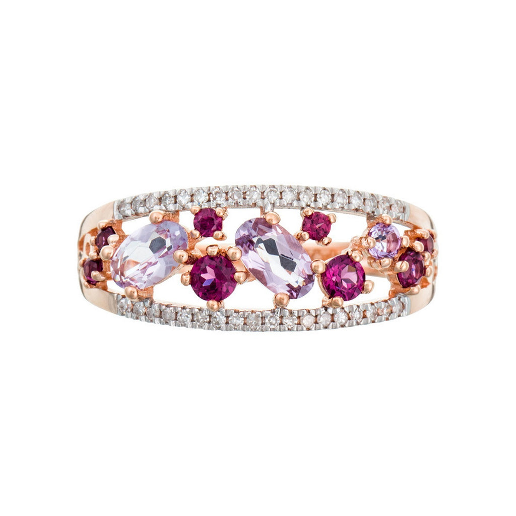 "Amore" Ring 0.12/36, Rhodolite Garnet 0.37/8 And Pink Amethyst 0.53/3 - 375/1000 Rose Gold