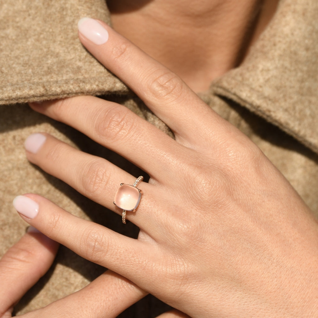 Bague "Rose Dragée" Diamants 0,11/12 & Quartz Rose 4,8/1 - Or Rose 375/1000