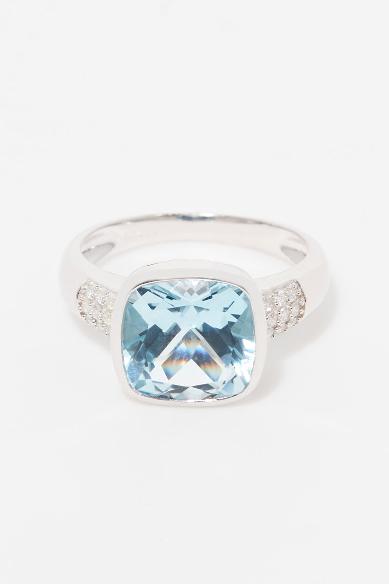 Bague "Lagon" Topaze Bleue Diamants 0,17/18 Tb 5,28/1 - Or Blanc 375/1000