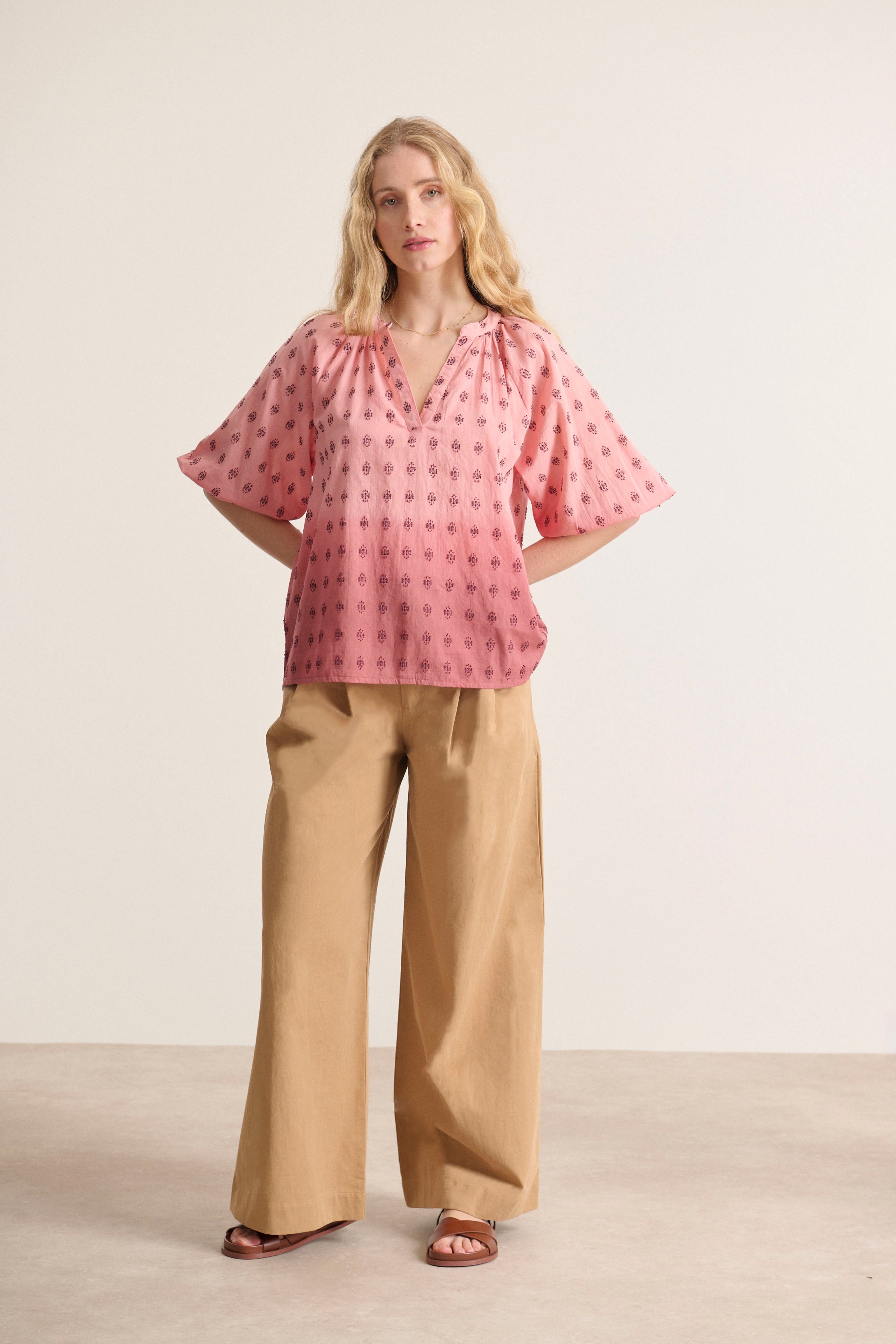 Light terracotta-colored blouse with terracotta-colored embroidery with 3/4 sleeves top with a fluid cut Garance Paris
