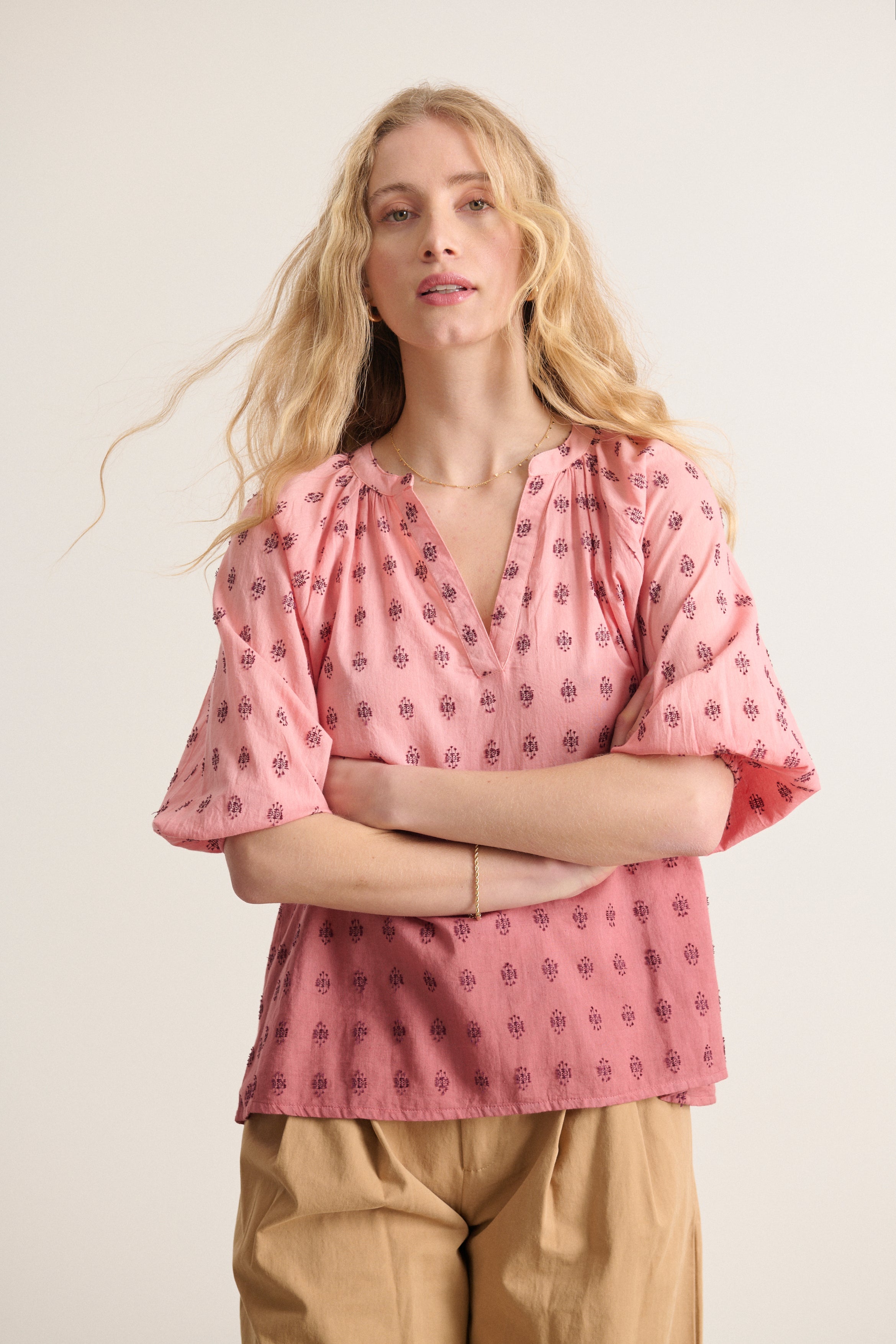 Women's wide, lightweight cotton top with delicate embroidery and puff sleeves with dip dye terracotta colorful top 