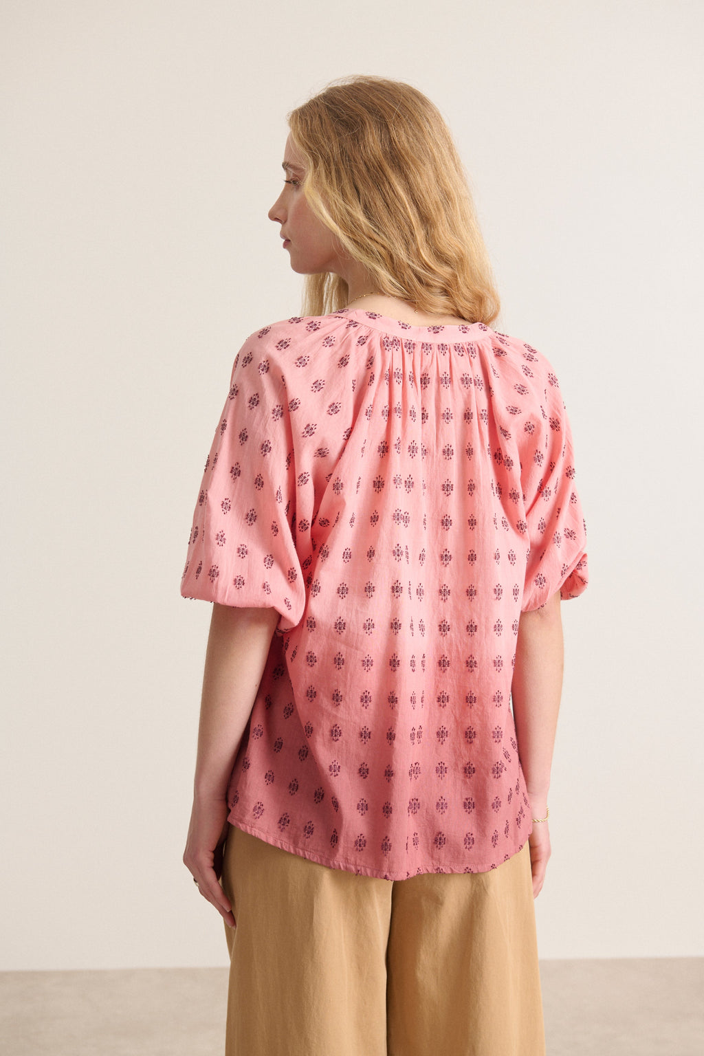 Women's loose blouse in cotton with handmade dip dye in terracotta color French brand Garance 