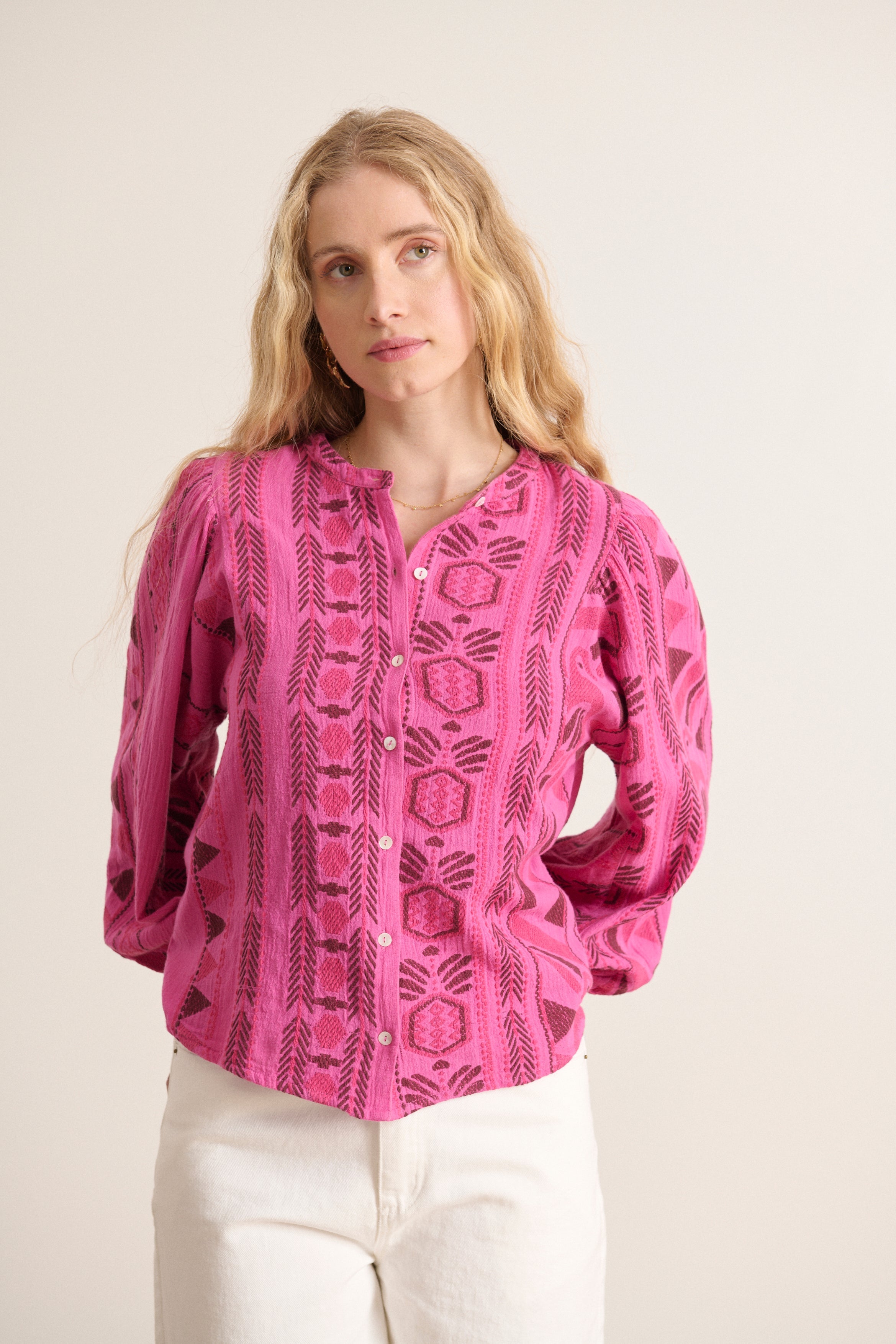 Top de manga larga con cuello redondo, blusa con estampado geométrico burdeos, primavera para mujer 