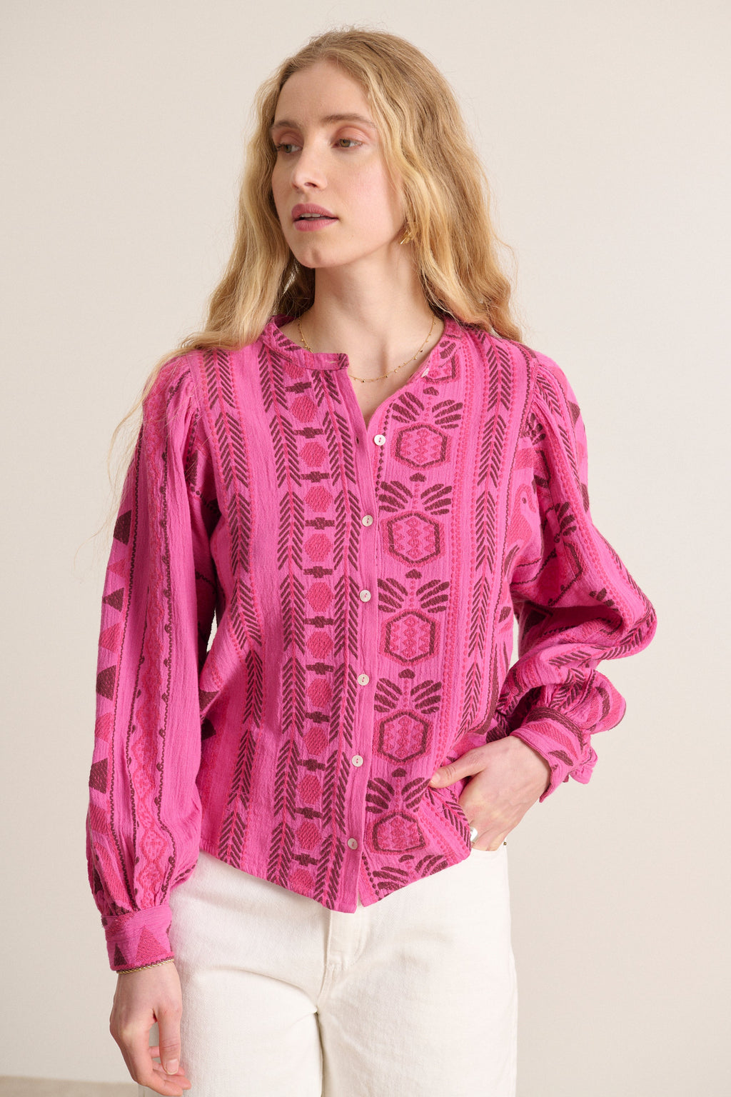 Blusa holgada ropa de mujer estampado jacquard cuello redondo manga ancha abotonada 