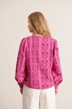 Top rosa de algodón con cuello redondo prêt-à-porter primavera verano para mujer